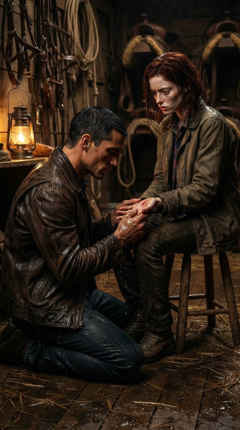 He kneels in front of her stool and turns her bleeding hand over.
