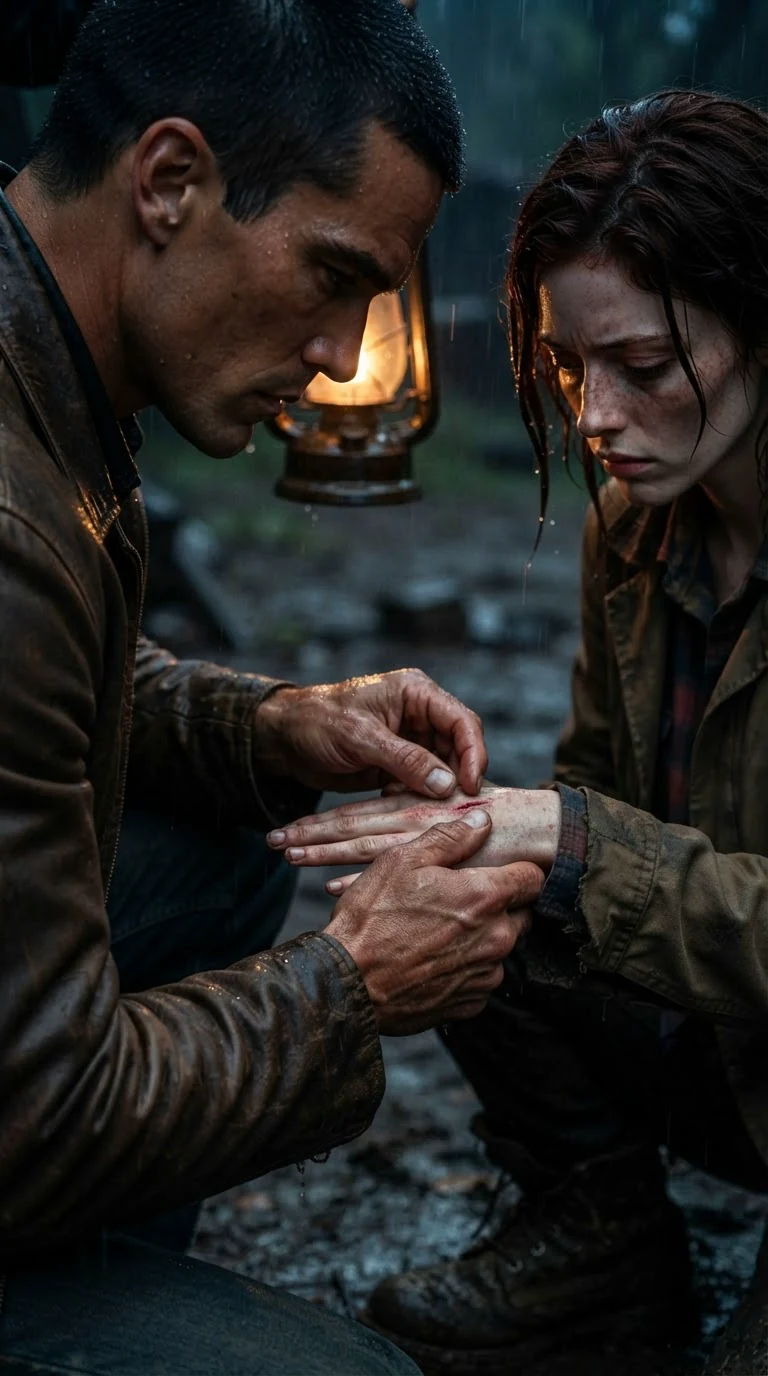 His careful thumbs study the deep slice in her palm.