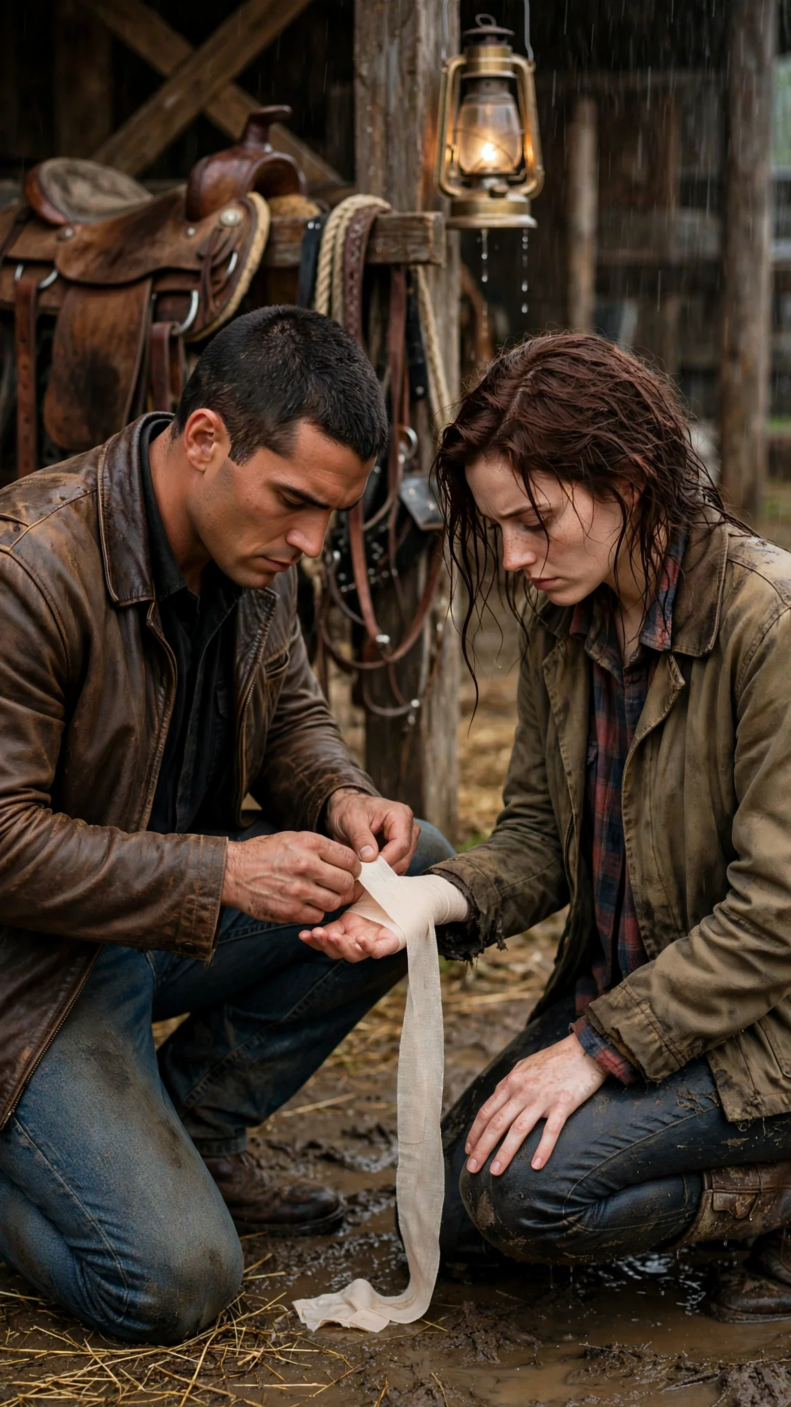 He wraps a strip of clean rag around her palm, one slow turn at a time.