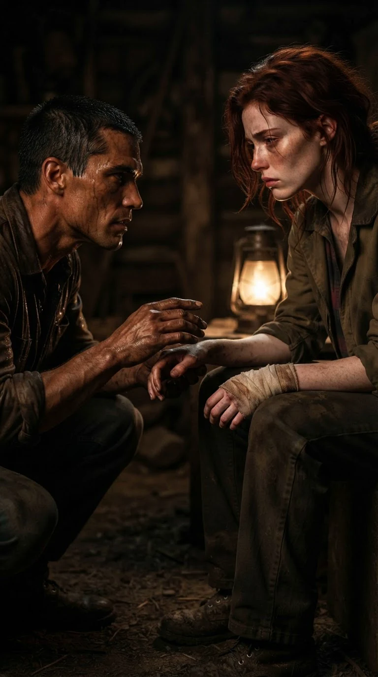 His hand freezes above her wrist, his eyes on her face.