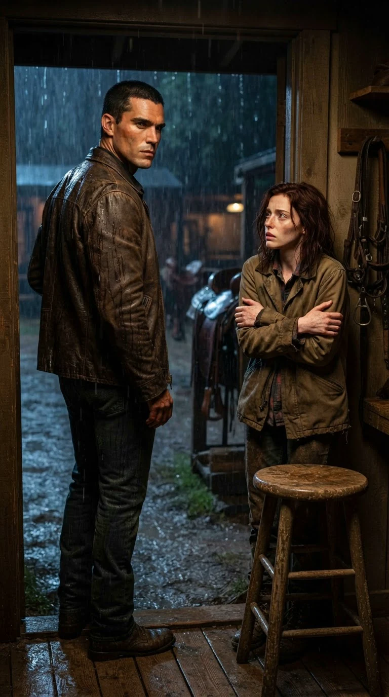 He pauses in the tack room doorway, rain behind him, throwing a warning back.