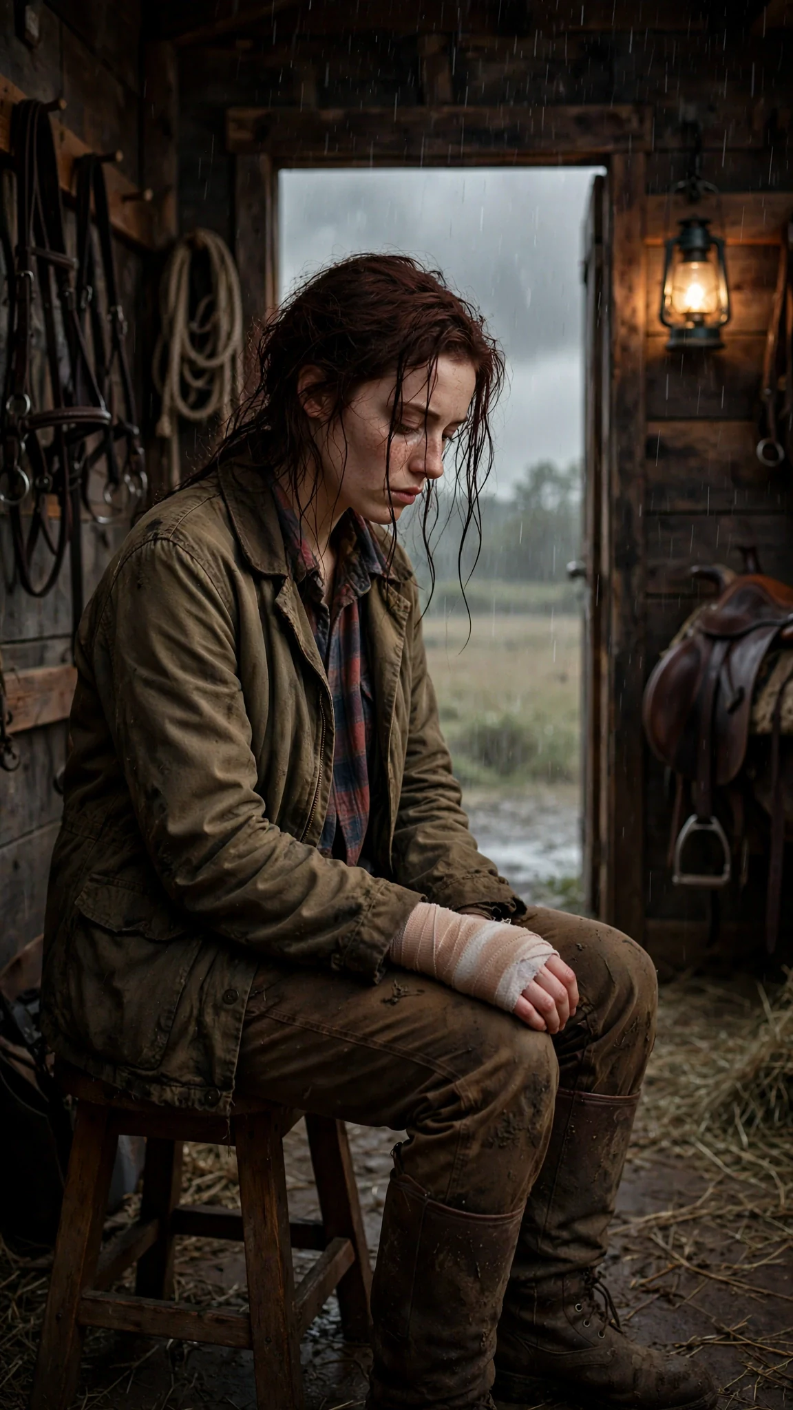 She sits alone in the lantern-lit tack room, staring at her wrapped hand.