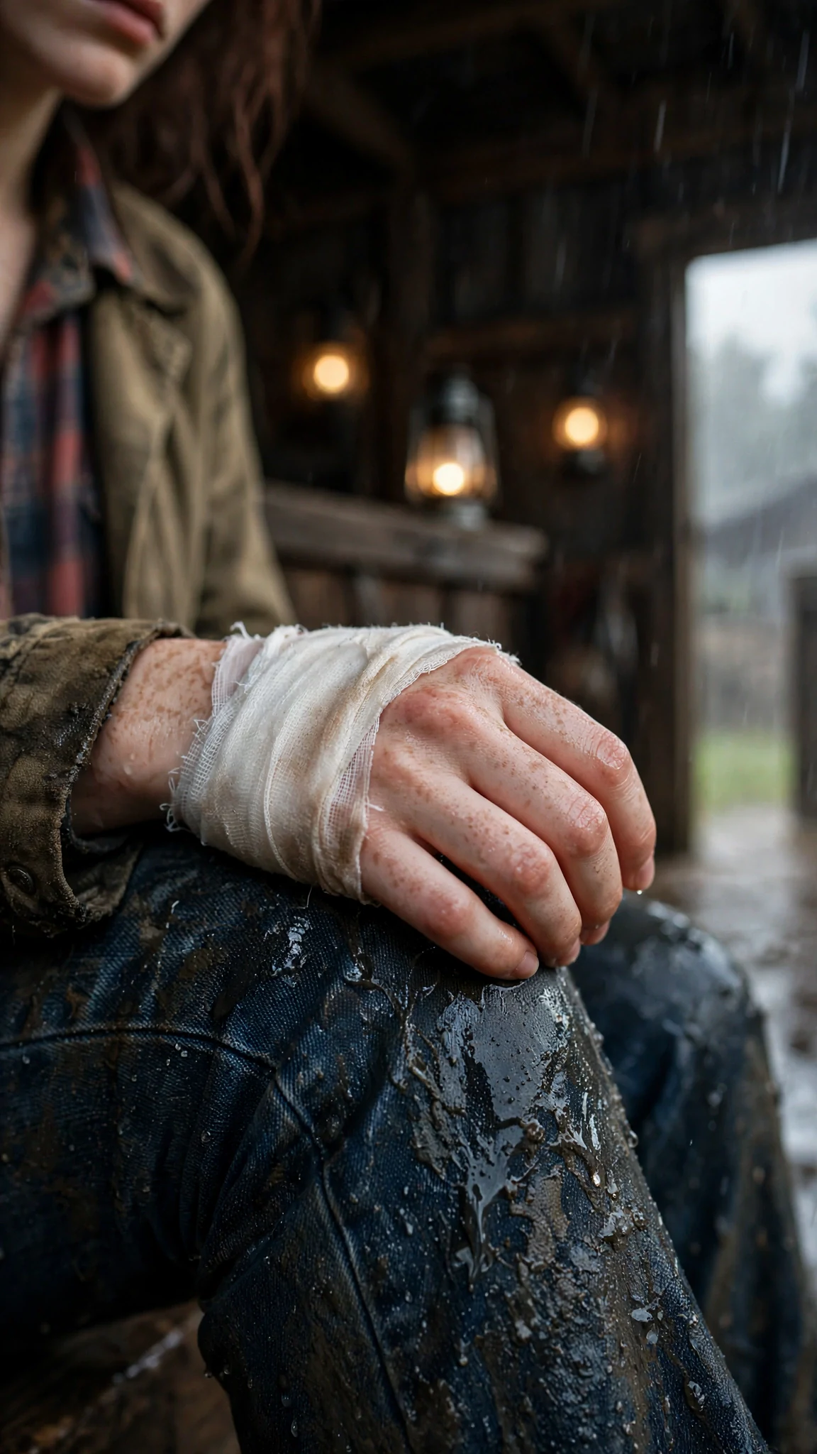 Her bandaged palm fills the frame, the rag wraps dark with rain.