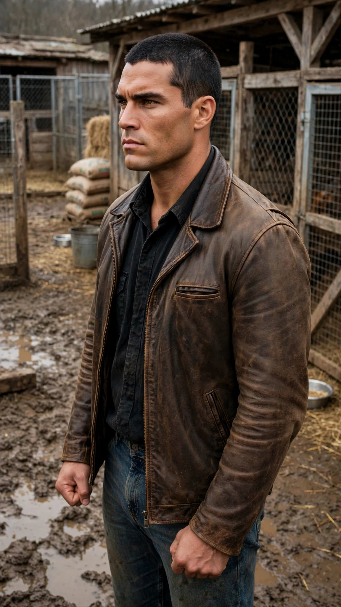 A tall alpha werewolf stands in a muddy farm yard, jaw tight, watching a man lean close to a small red-haired woman.