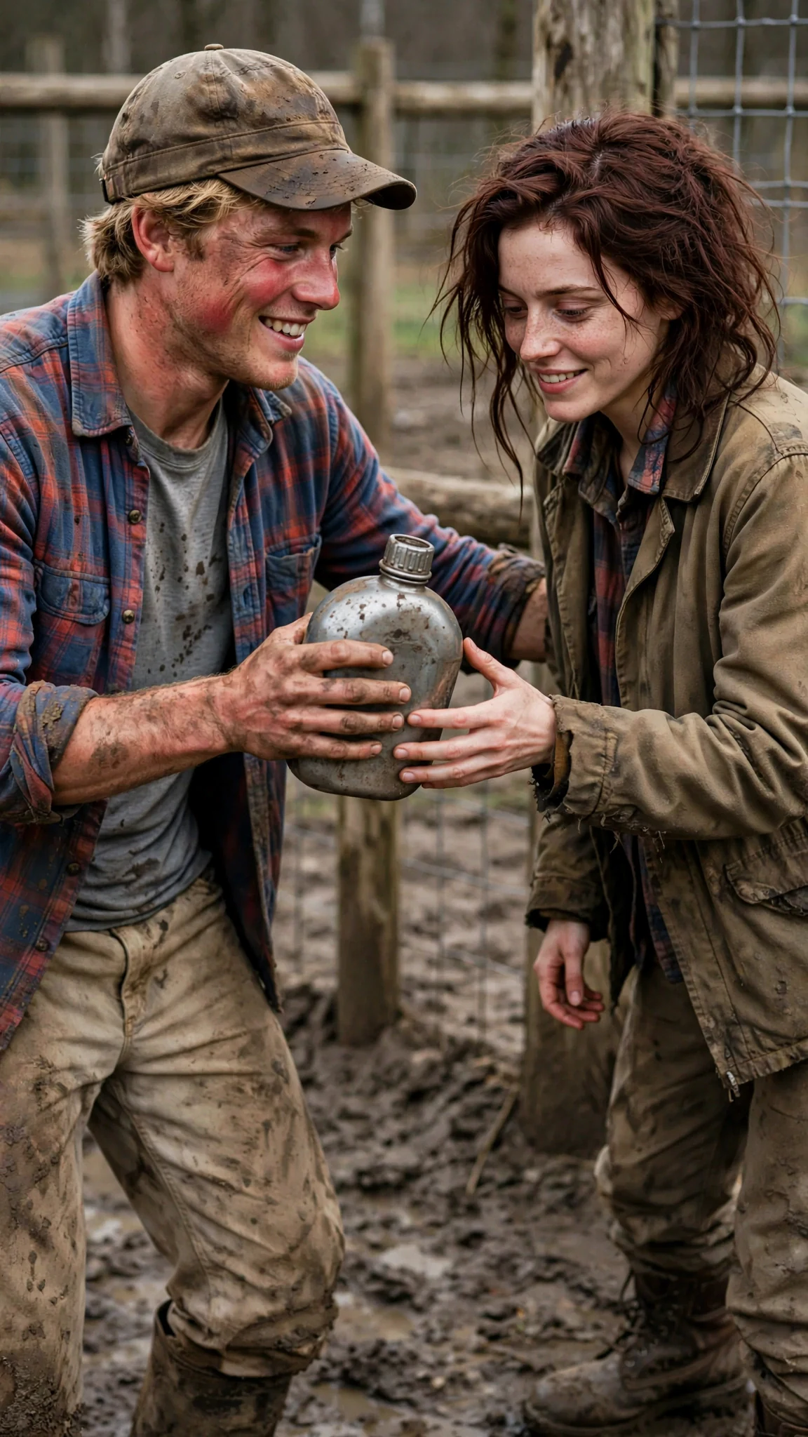 A lean sandy-haired kennel hand in a grease-stained cap holds a canteen out to a small red-haired woman in an oversized flannel.