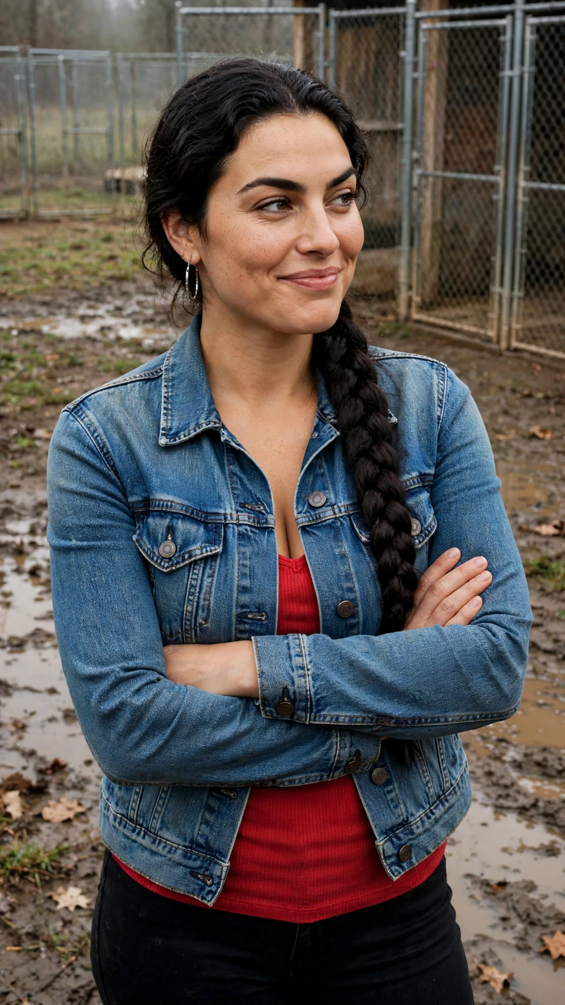 A tall curvy woman with a long dark braid and red tank top smirks with her arms crossed.