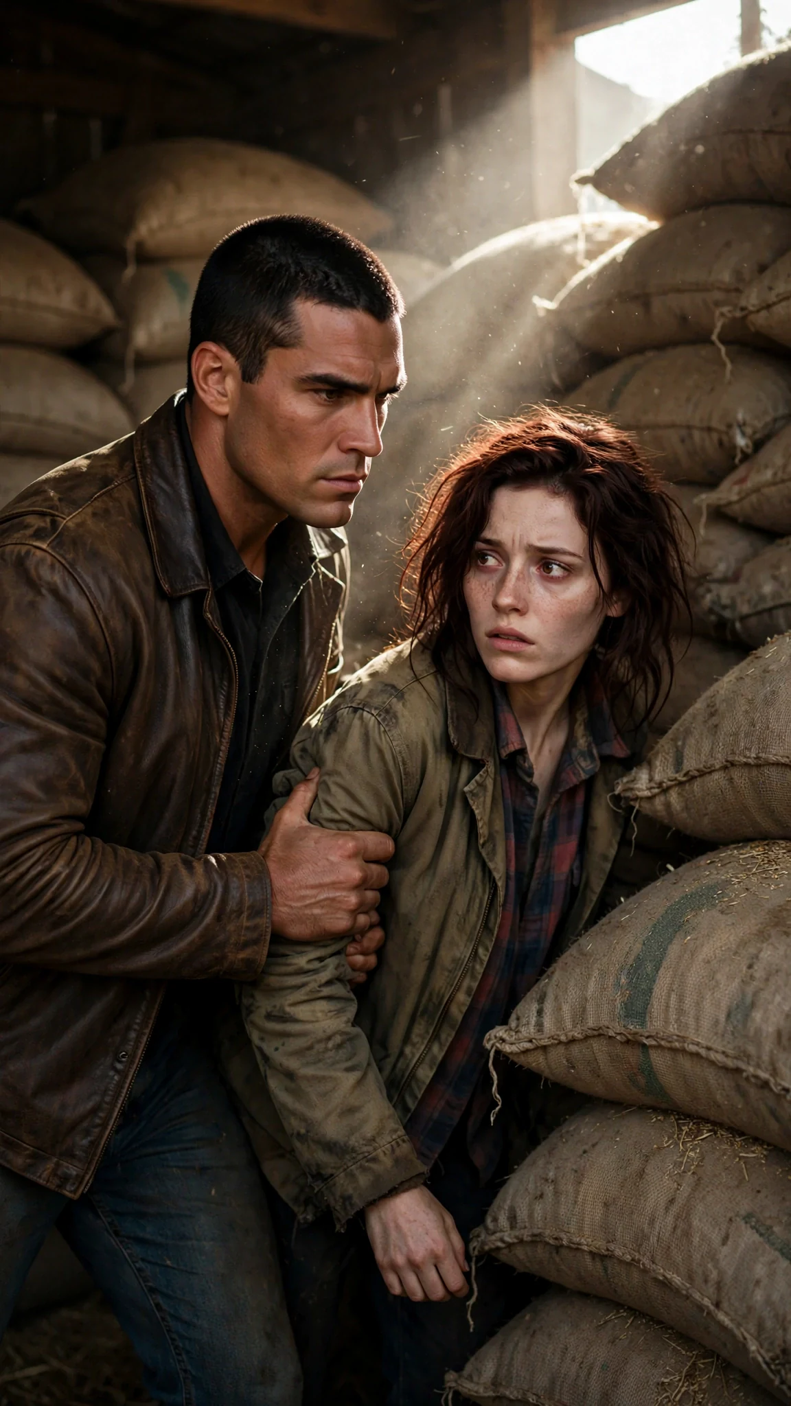 The alpha pulls the small woman into the dark space behind stacked grain sacks.