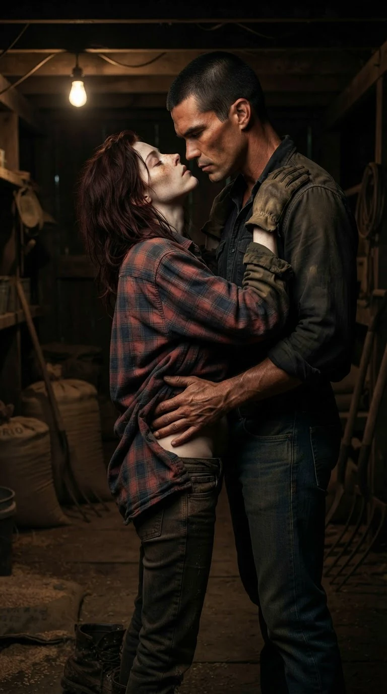 His hands slide under her flannel onto her bare waist as she arches into him.