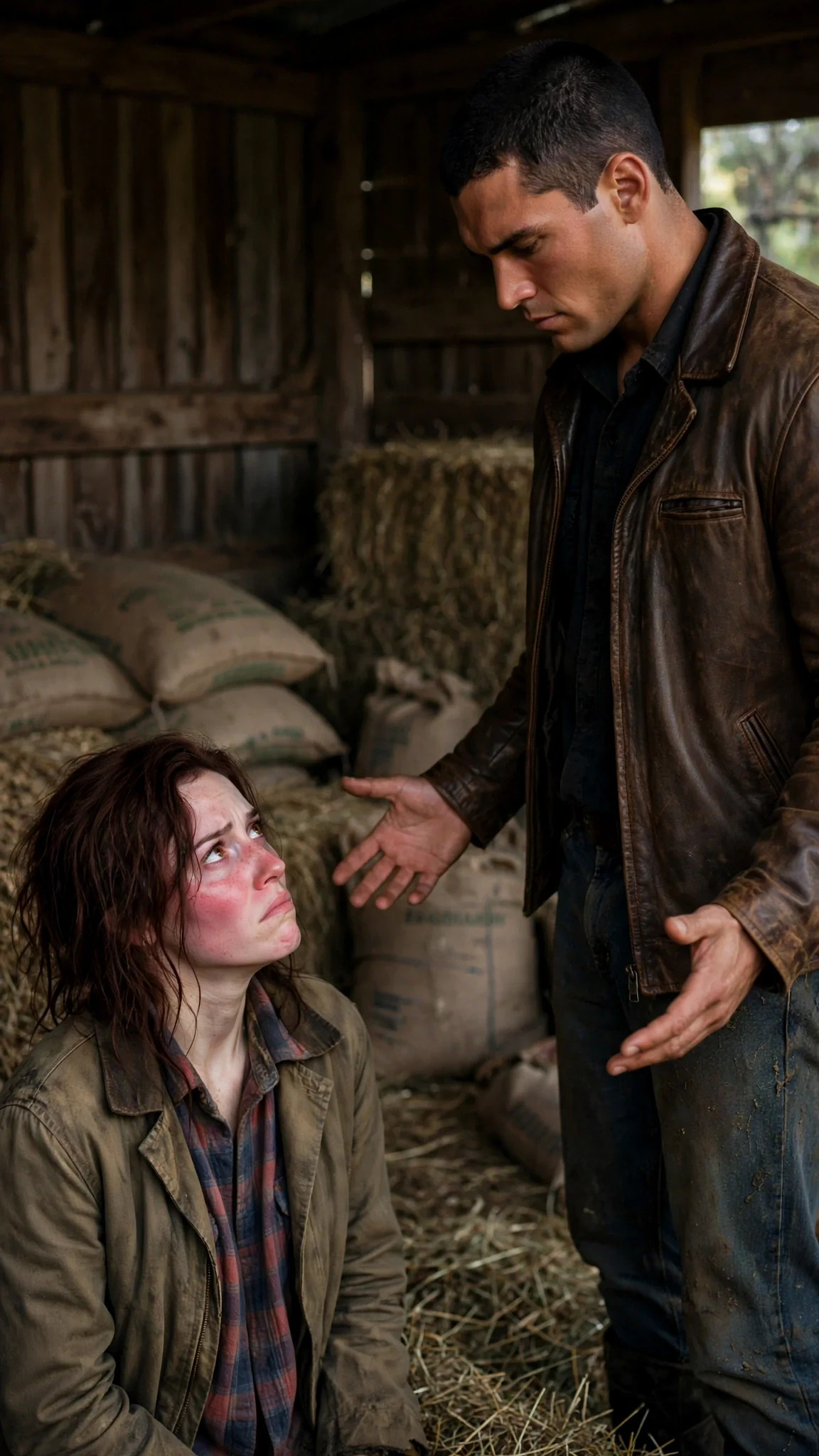 She pushes her hair out of her face and stares him down, angry and exposed.