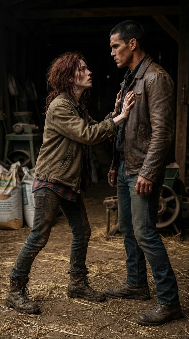 She shoves him back and points a shaking finger at his chest.