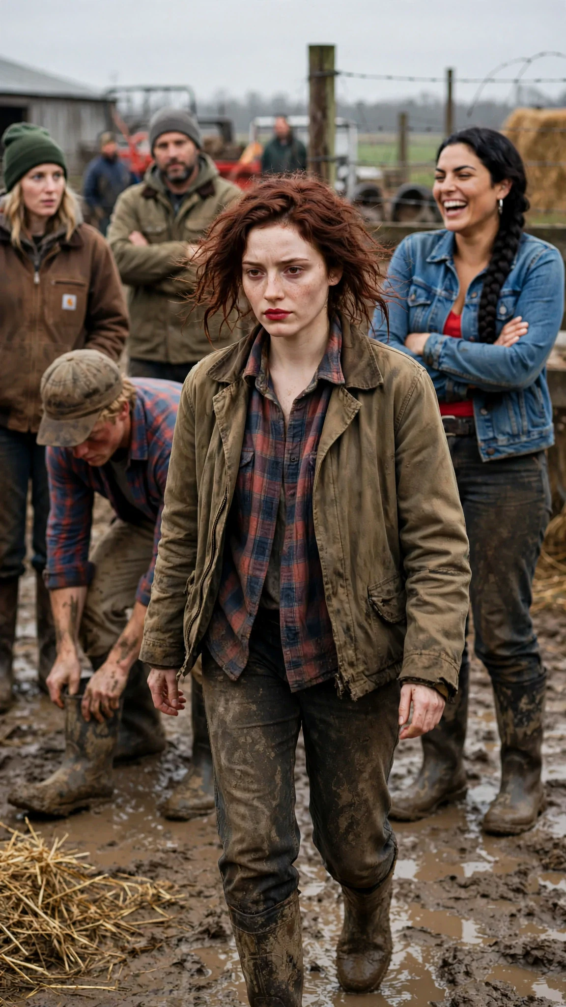 The woman walks out into the yard with her shirt crooked while the pack watches and a braided woman laughs.