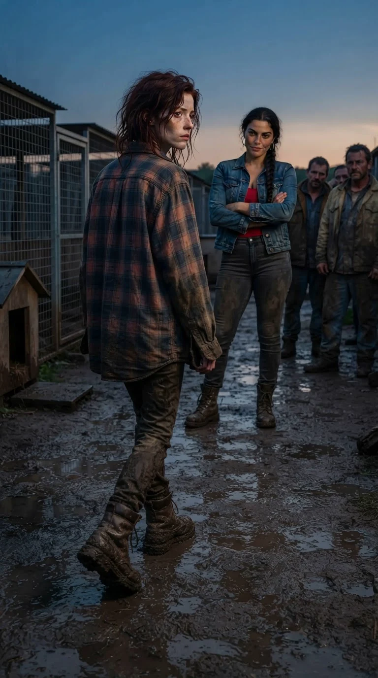 Garnet walks across a muddy kennel yard with her shirt buttoned wrong while pack workers stare and Hedda laughs.