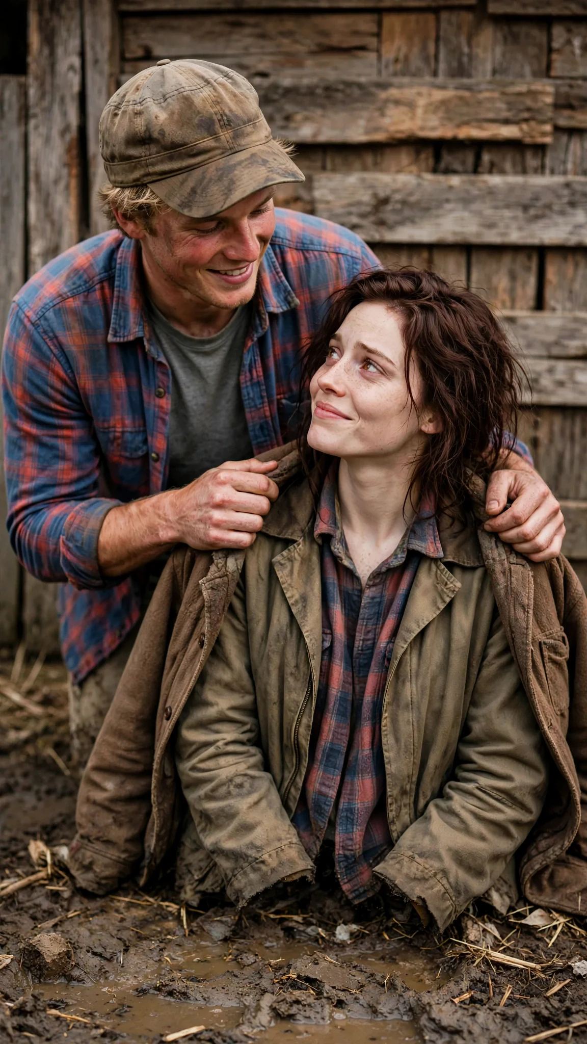 Cobb settles his warm flannel jacket over Garnet's shoulders and she looks up at him, tired and grateful.