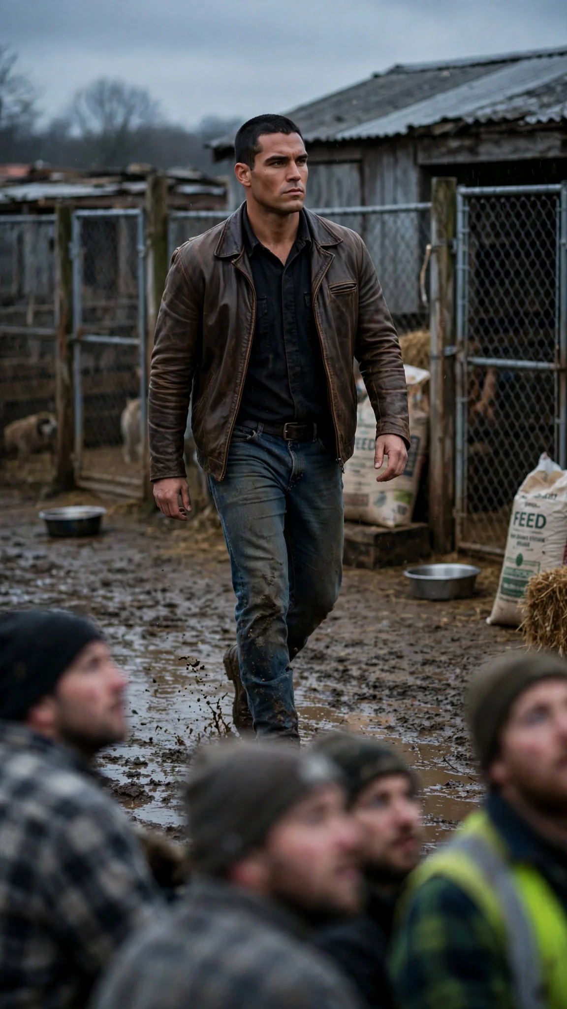 Rhett crosses the yard toward them, looming, and the workers around the pens go silent.