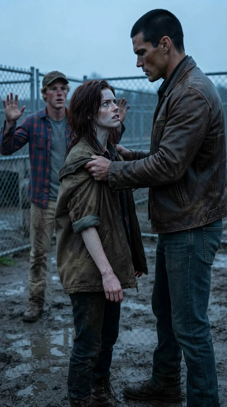 Rhett drags Cobb's flannel down Garnet's arms, rough and fast, while Cobb protests.