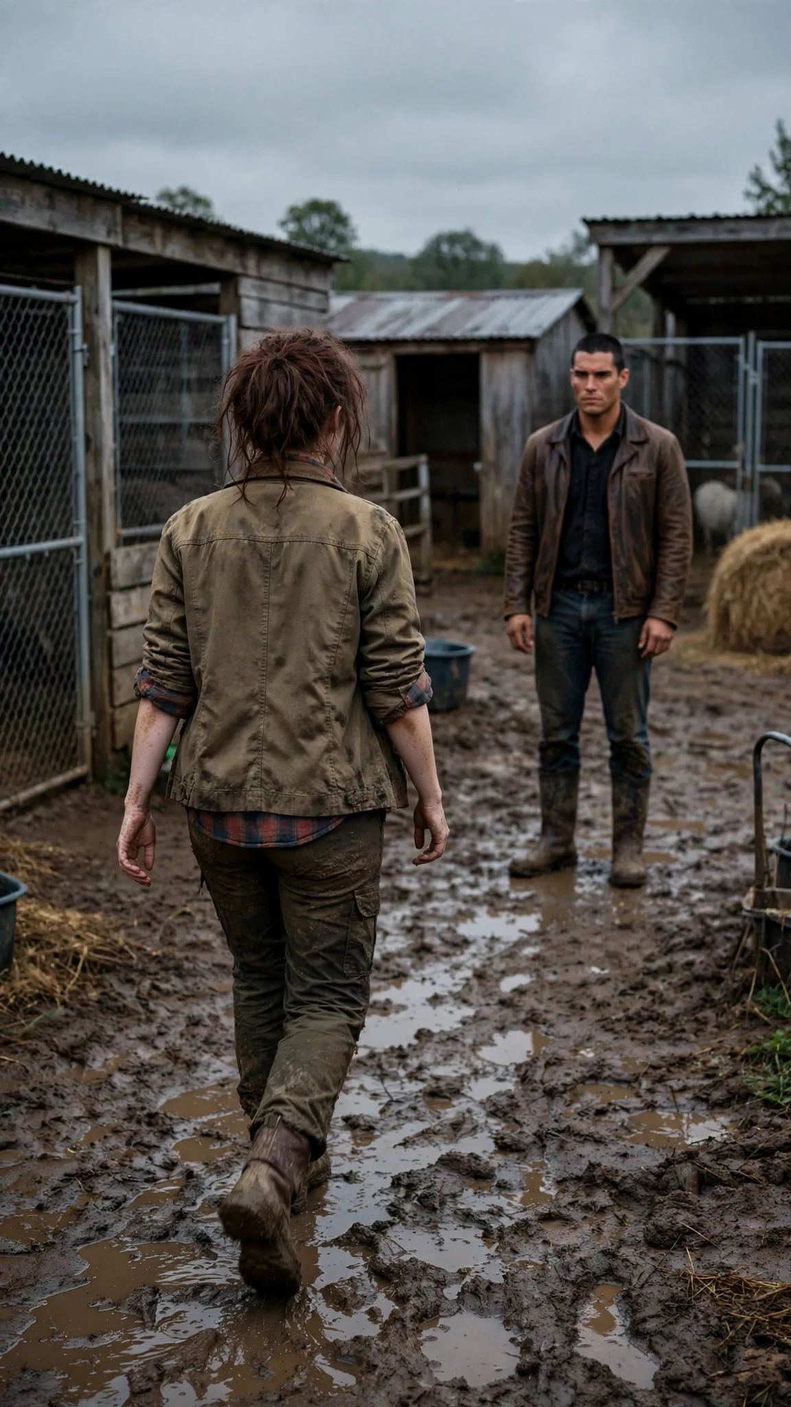 Garnet walks away with her chin up while Rhett stands behind her in the mud, watching.