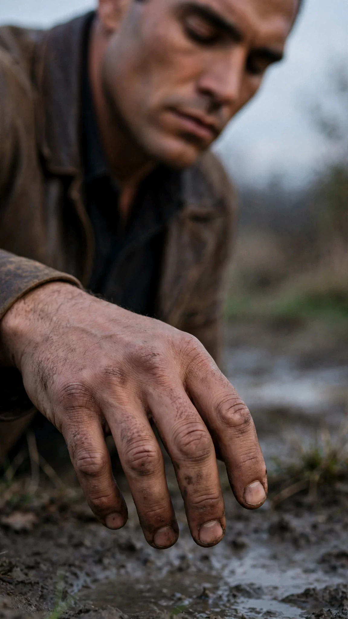 Close-up of Rhett's trembling hand as he finally lowers it, jaw tight, eyes closed.