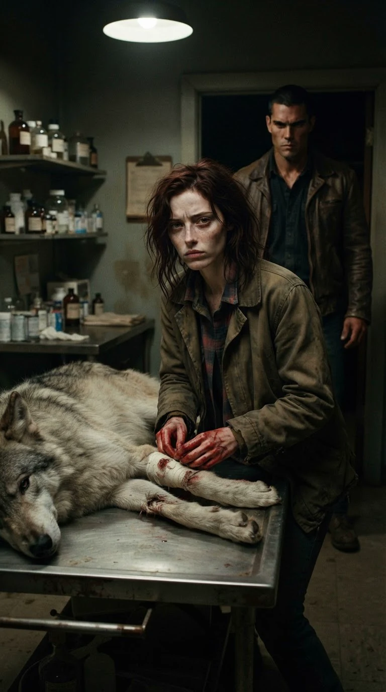 Garnet kneels beside an injured grey wolf while Rhett fills the doorway.