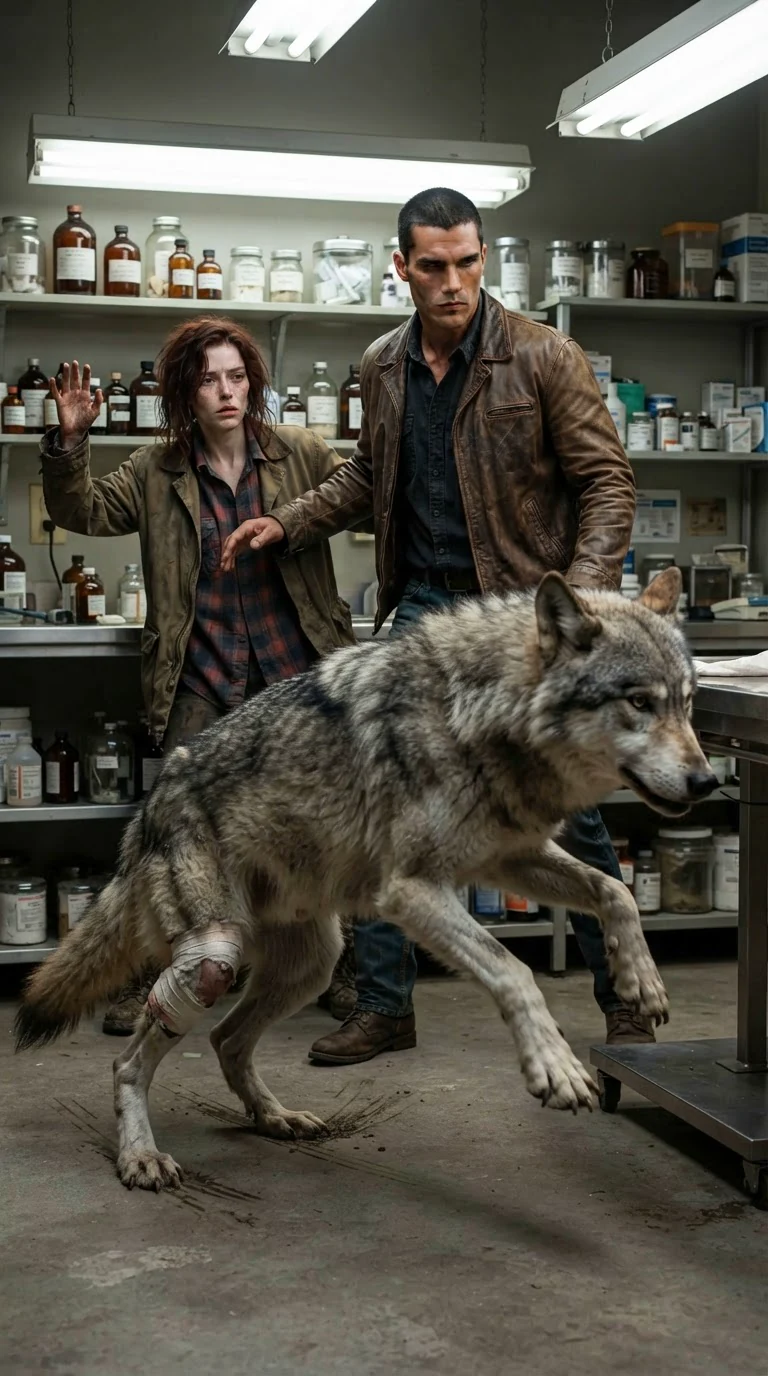 The wolf bolts off the table as the clinic door swings shut.