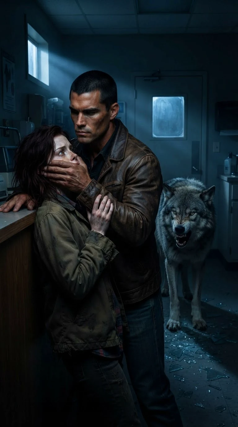 Rhett shields Garnet in the dark clinic with his hand over her mouth.