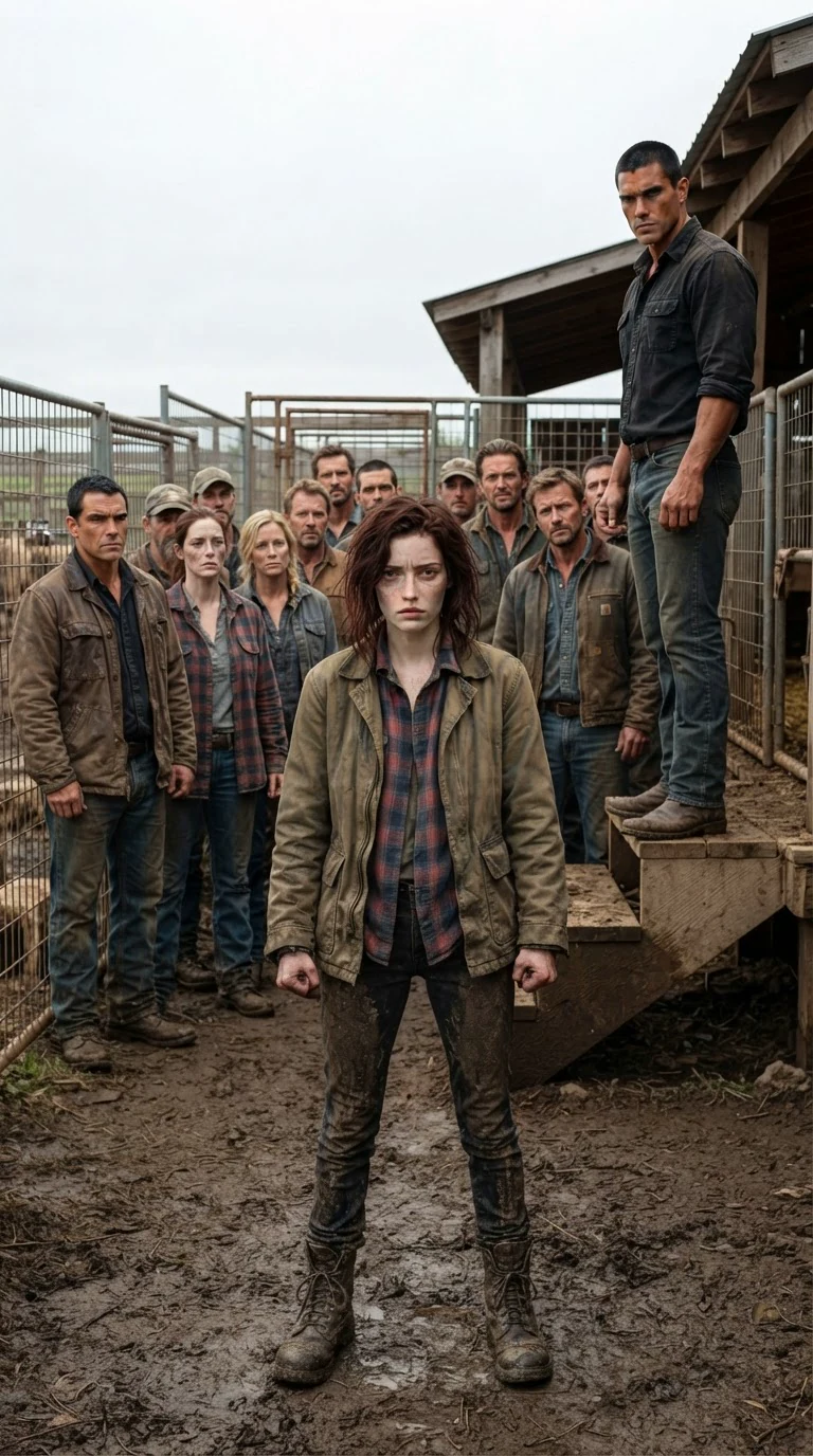 A small pale woman in a muddy canvas jacket stands alone in a farm yard while a crowd of workers stares at her.