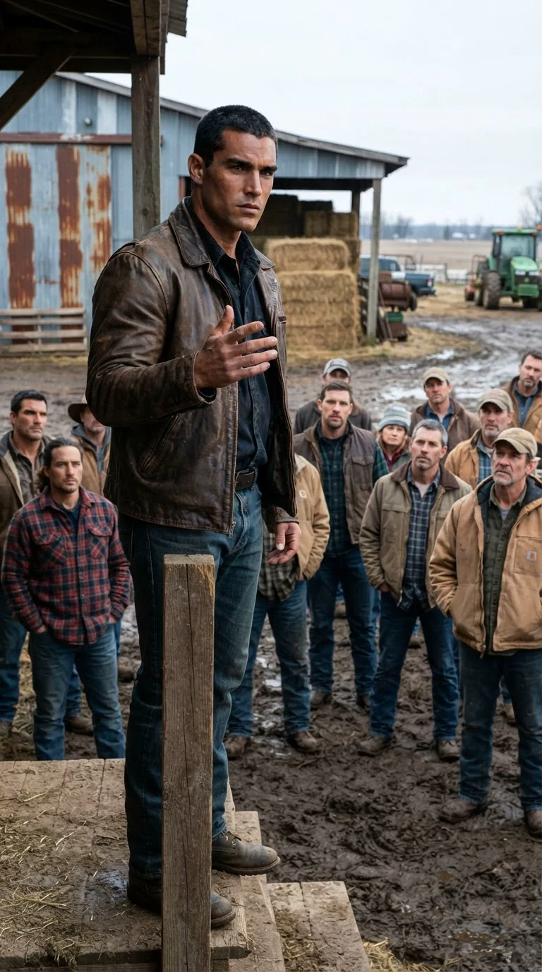 A tall alpha stands on a step above a packed yard, jaw set, one hand raised.
