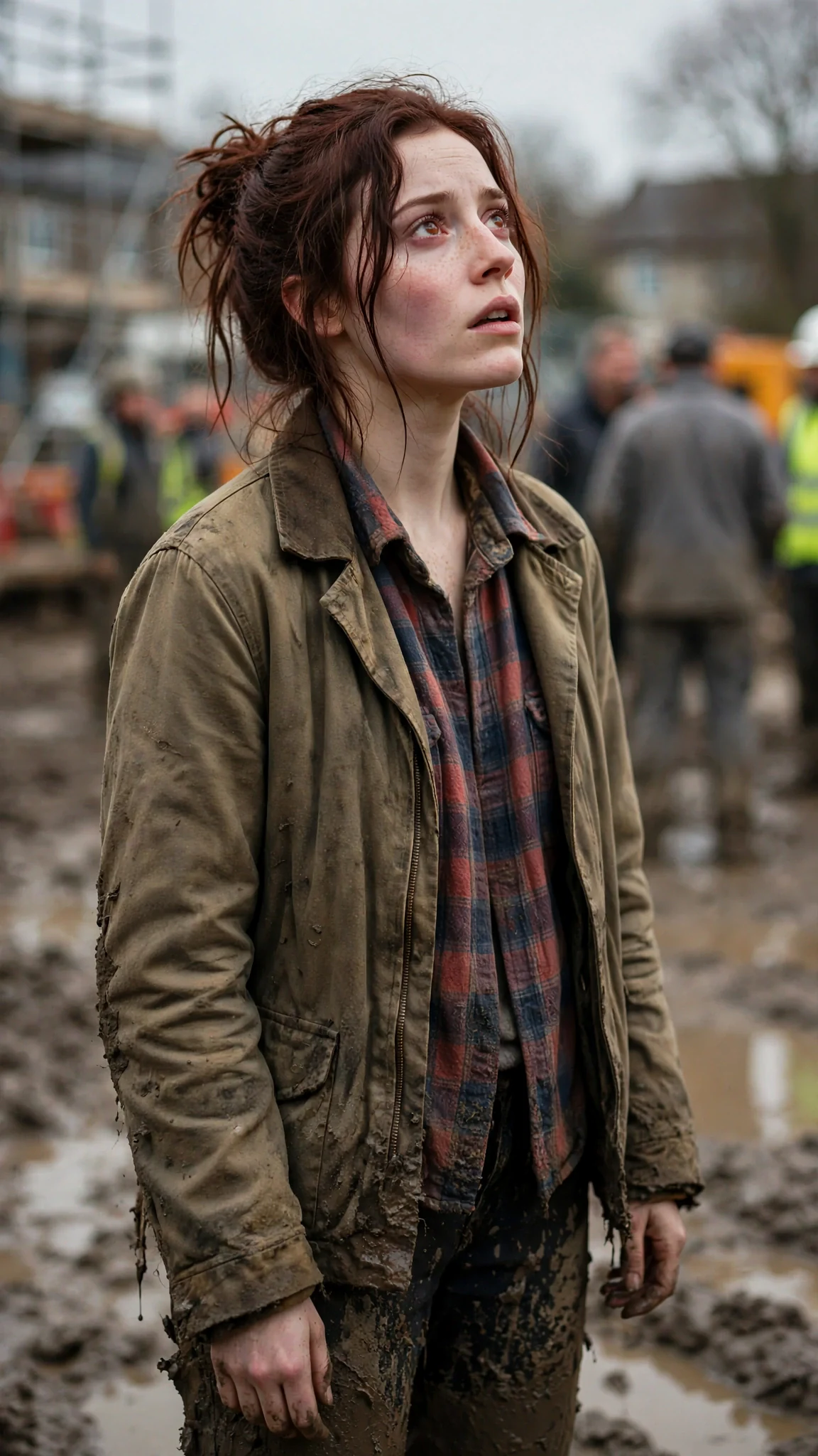 The pale woman in the muddy jacket stares up at the step, mouth parted, color rising in her cheeks.