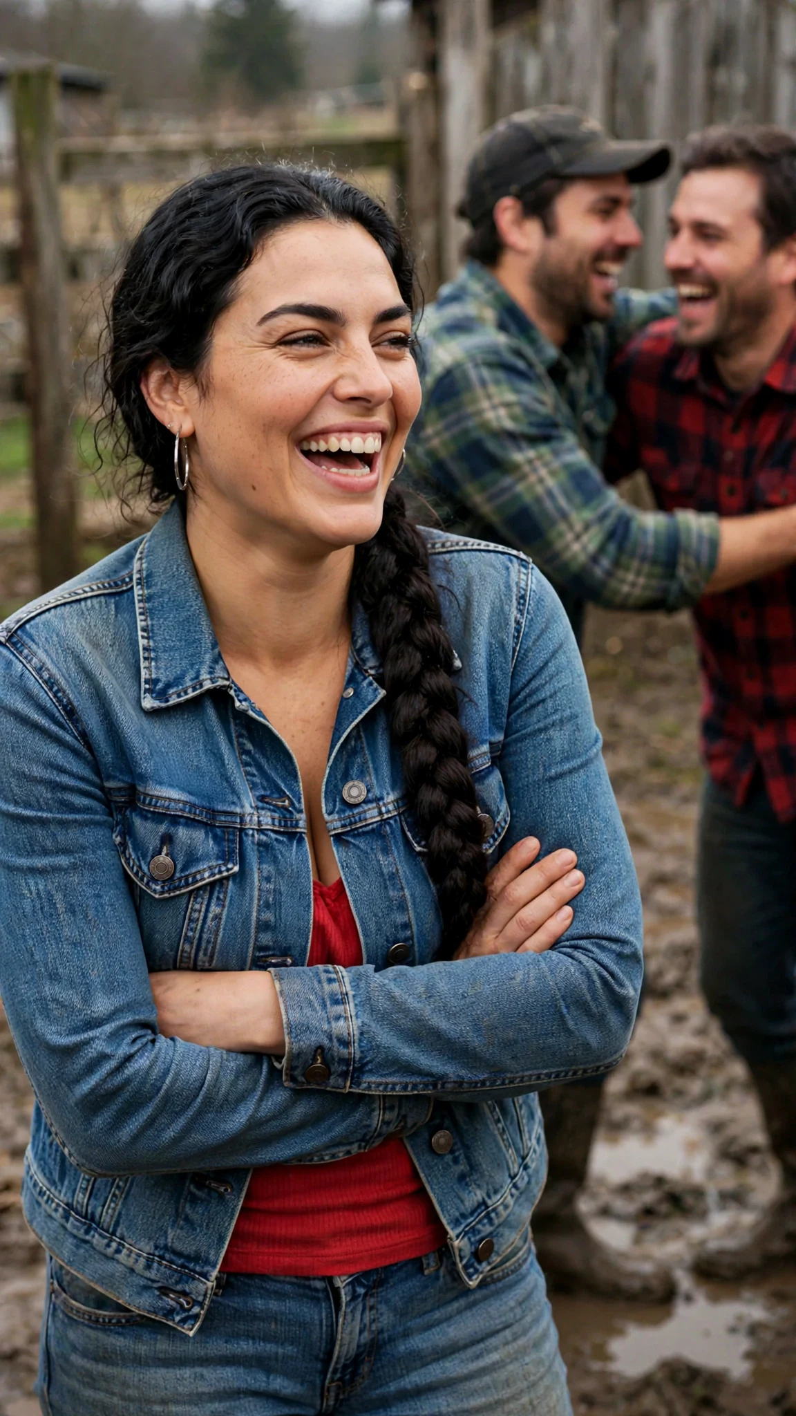 A tall curvy woman with a long dark braid smirks with arms crossed in the yard, other workers laughing.