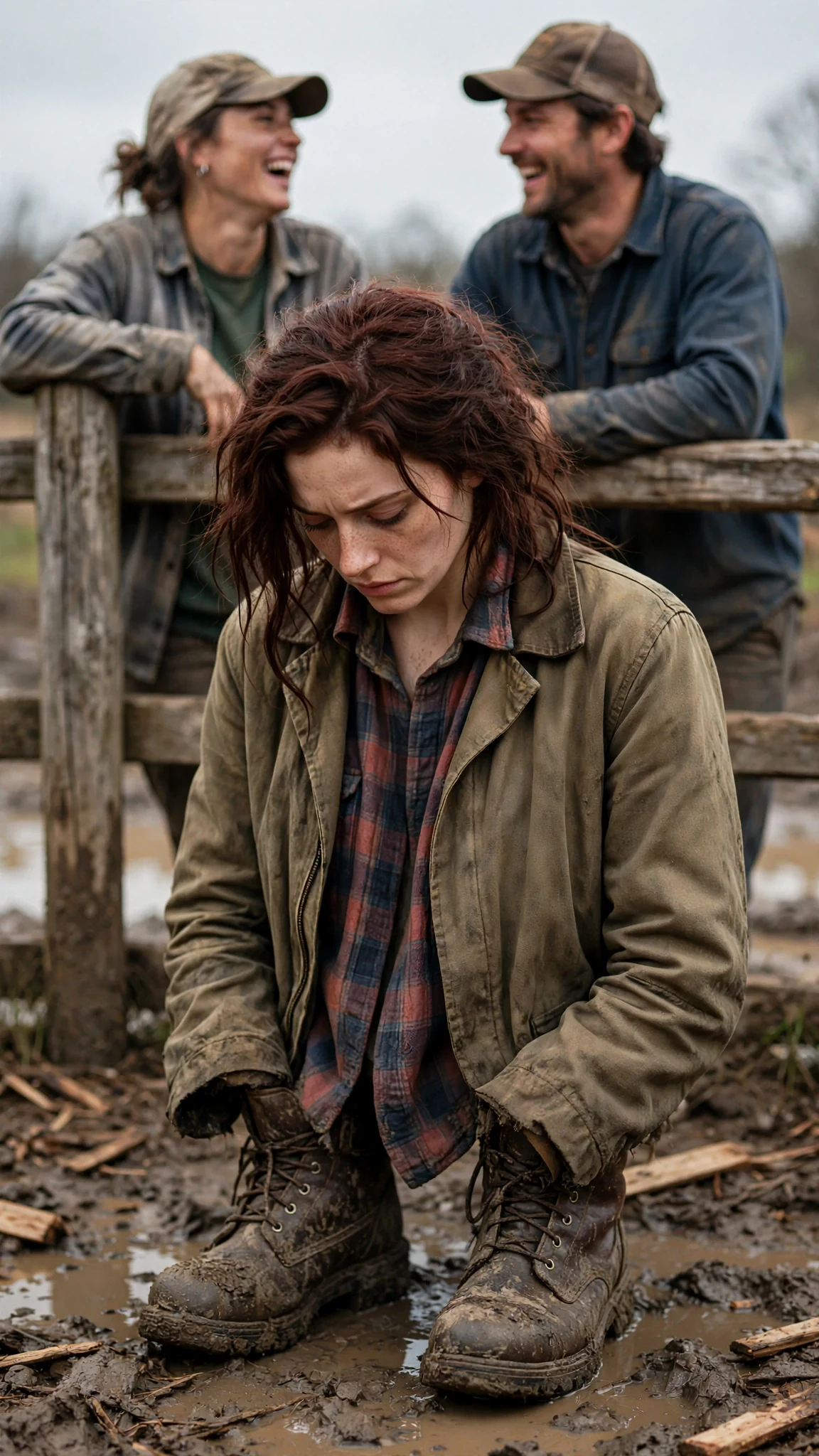 The pale woman in the muddy jacket stares down at her boots while laughter spreads along the fence.