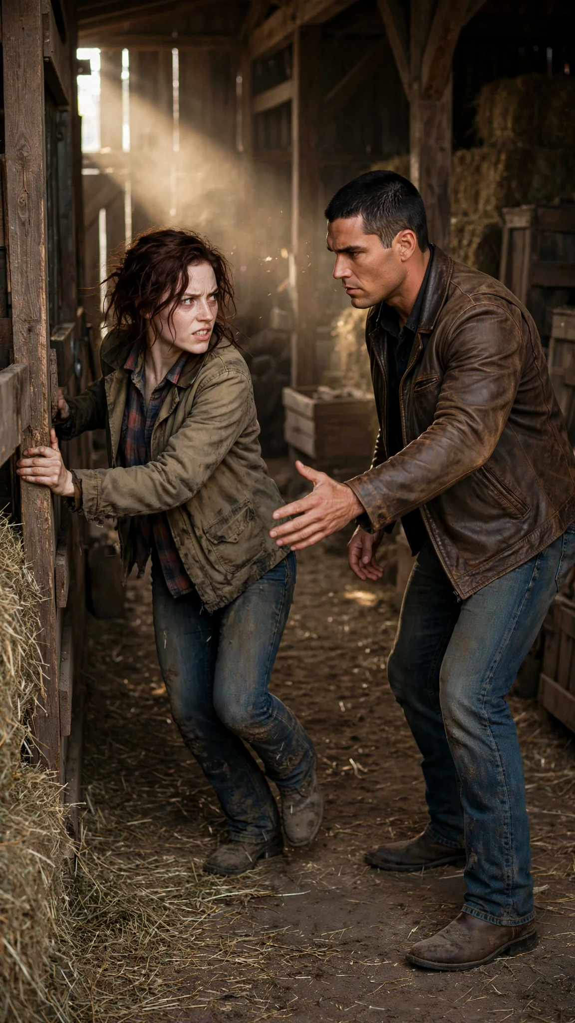 Inside a dim barn aisle, the alpha shoves the woman forward and she stumbles on the hay.