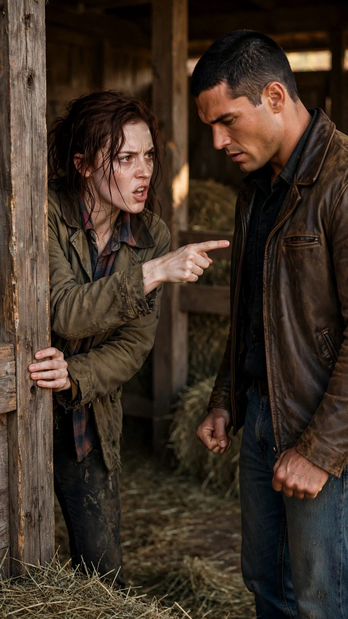 The woman leans off the post and says it to his face while he stands rigid.