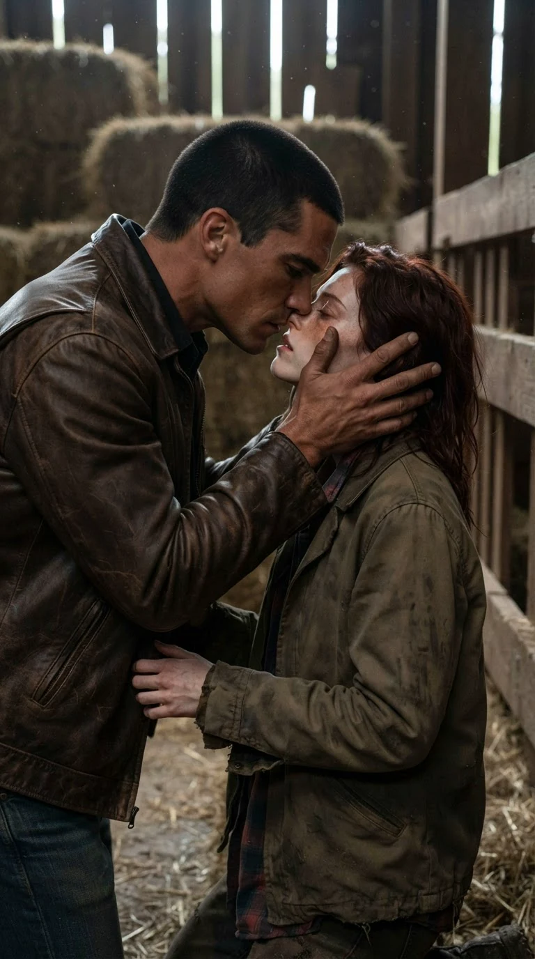 He grabs her jaw and kisses her hard in the barn aisle, her hands flying up.