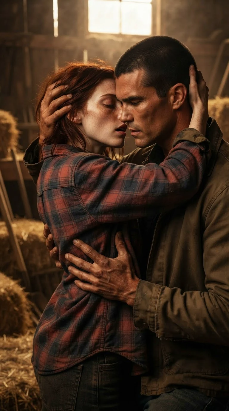 His hands slide under her flannel at her ribs, her fingers in his short hair, both breathing hard.