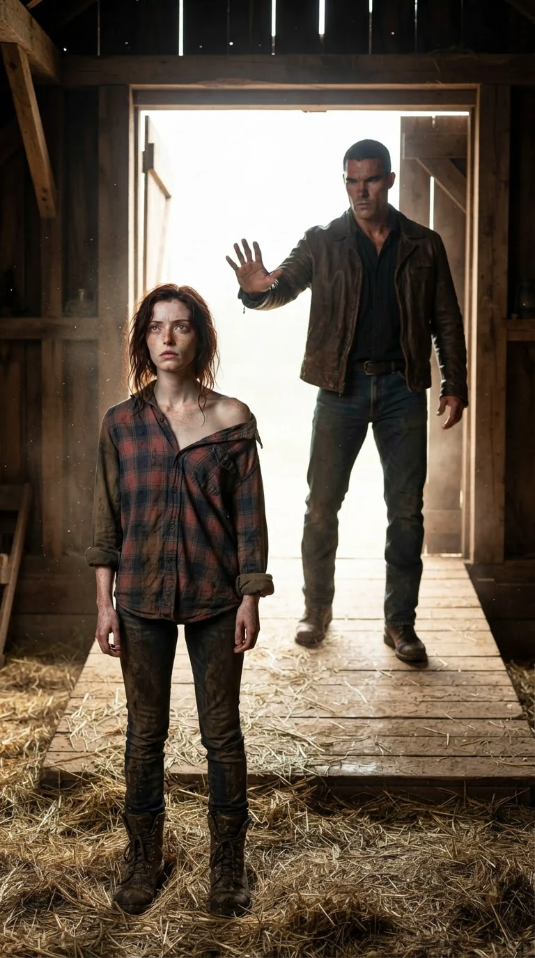 He backs away down the barn aisle toward the door, hand out, and she doesn't move.