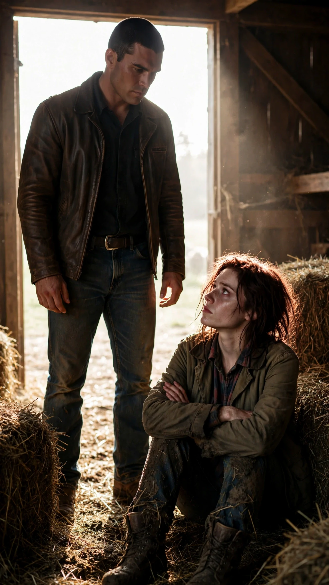 He stands in the bright barn doorway, hands shaking, saying nothing, and she waits.
