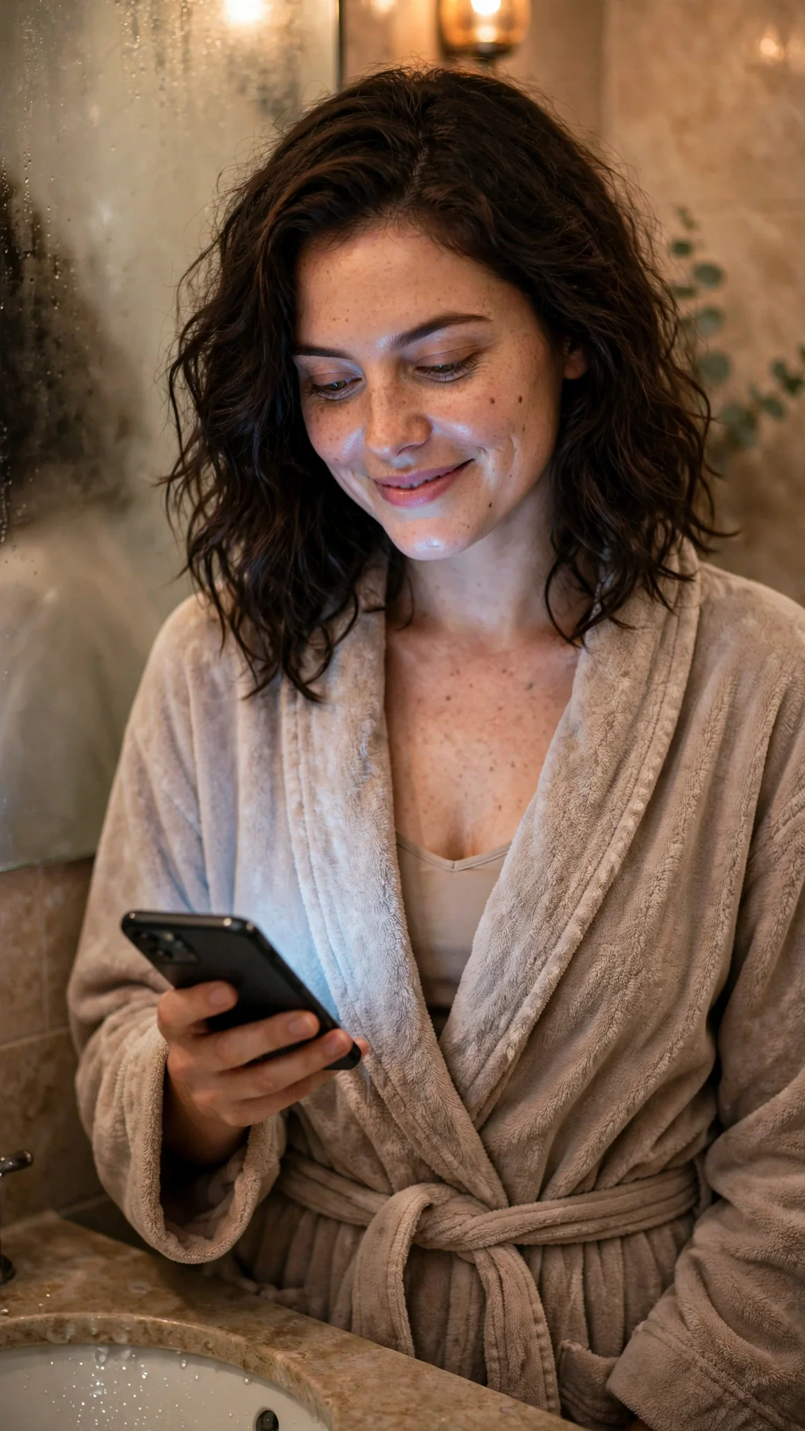 A young woman in an open robe and black lace bra smiles down at her phone in a warm bathroom.