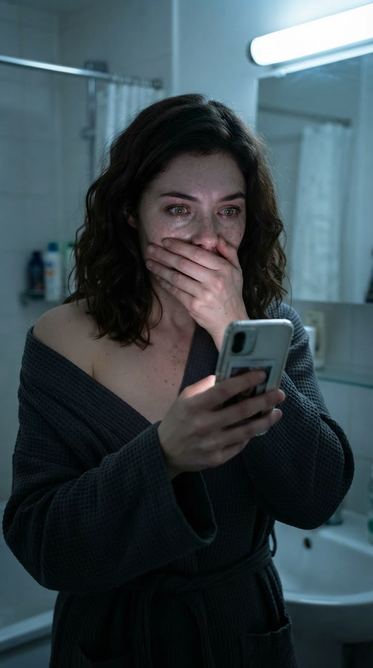The woman's face falls as she stares at her phone, hand pressed to her mouth.