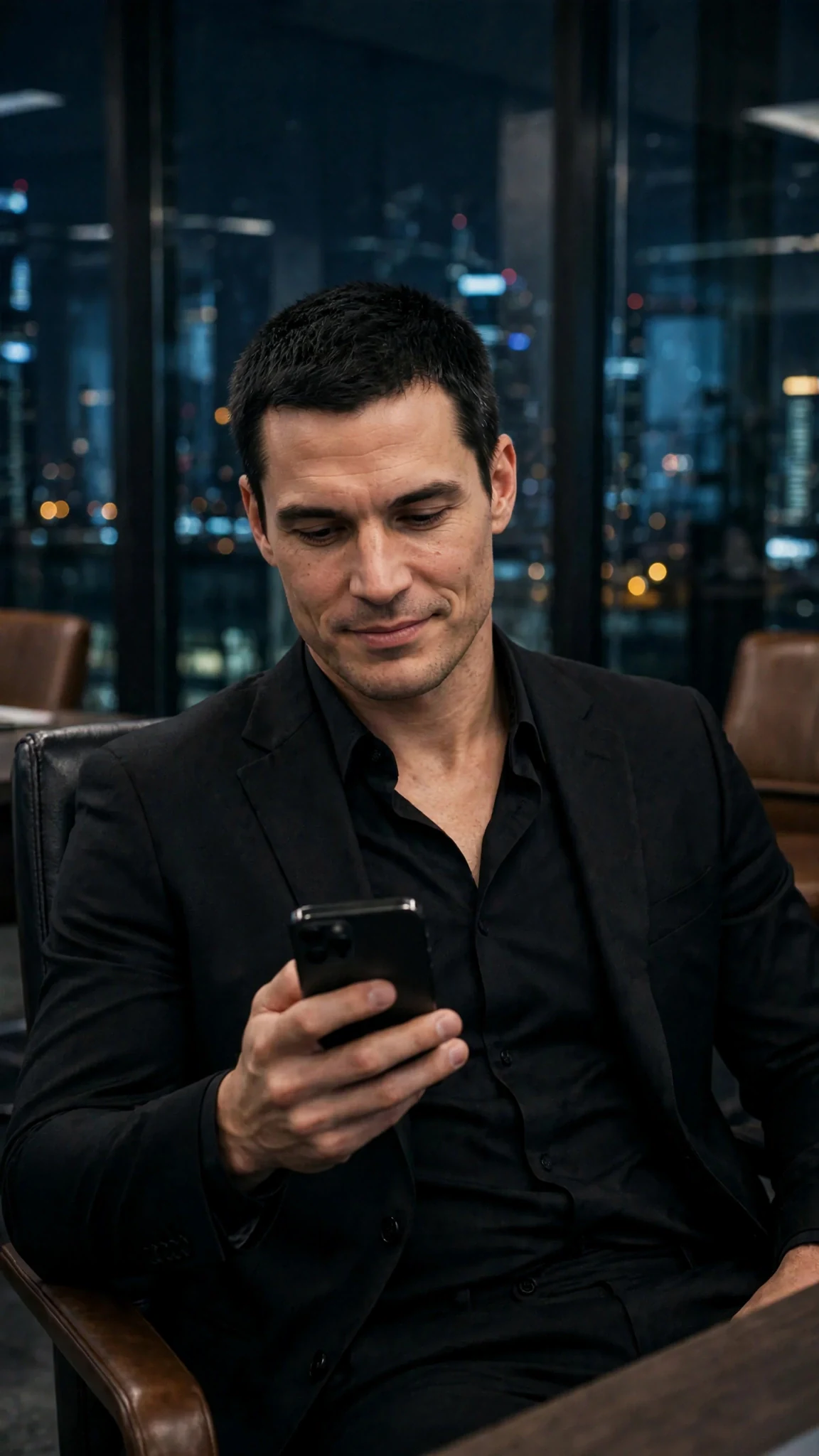 A tall man in a dark suit sits in a dim office at night, reading his phone with a faint smirk.
