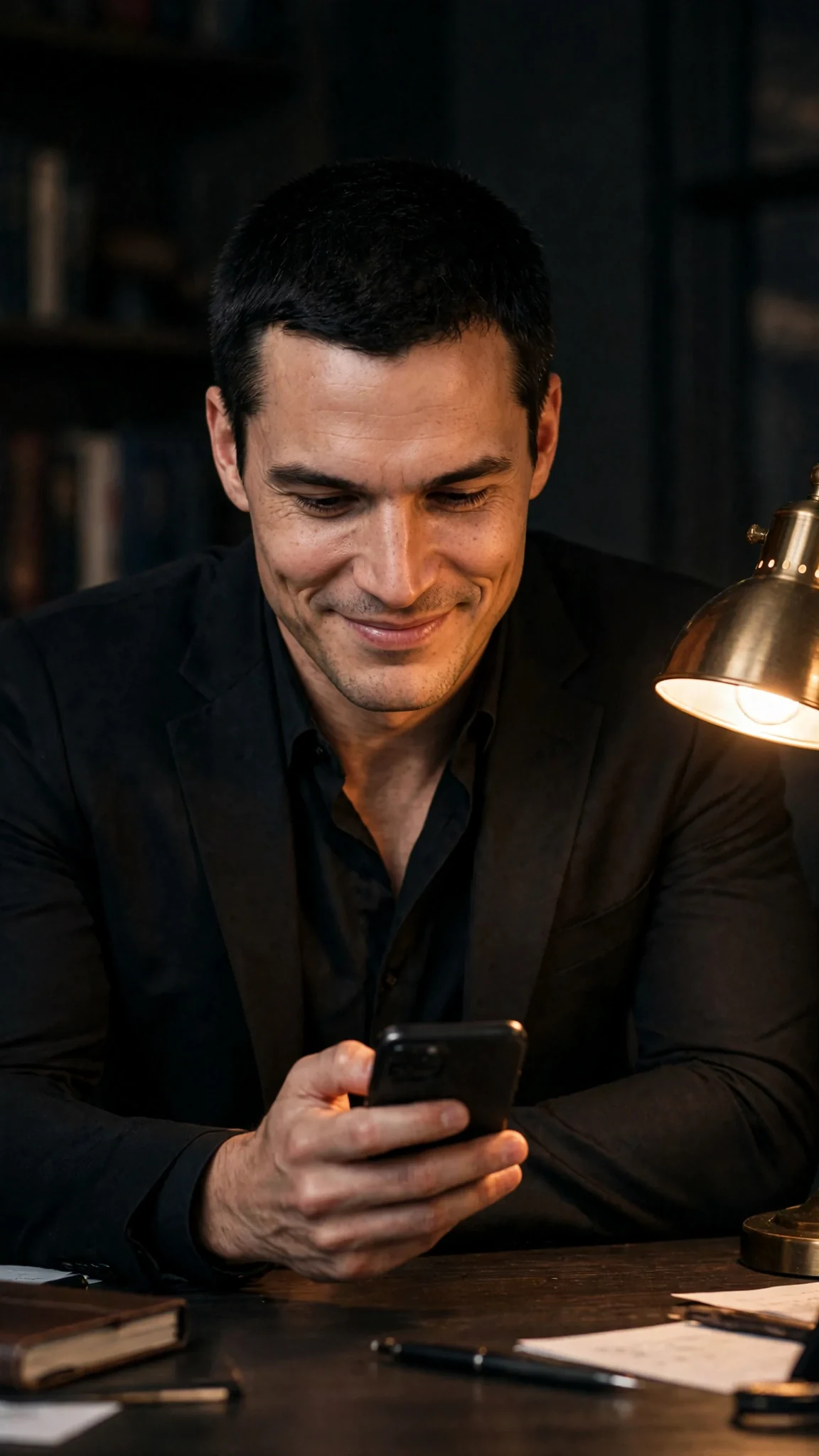The man leans forward with his phone, dark eyes amused.