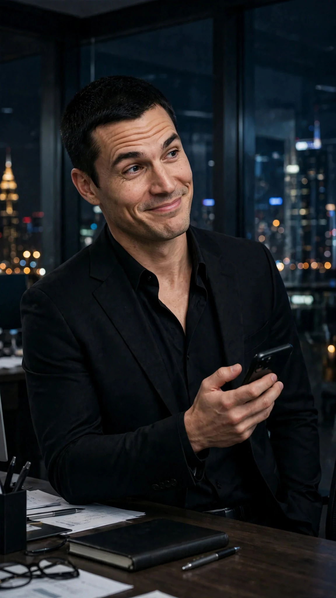 The man's smirk sharpens as he types, face lit by the phone.