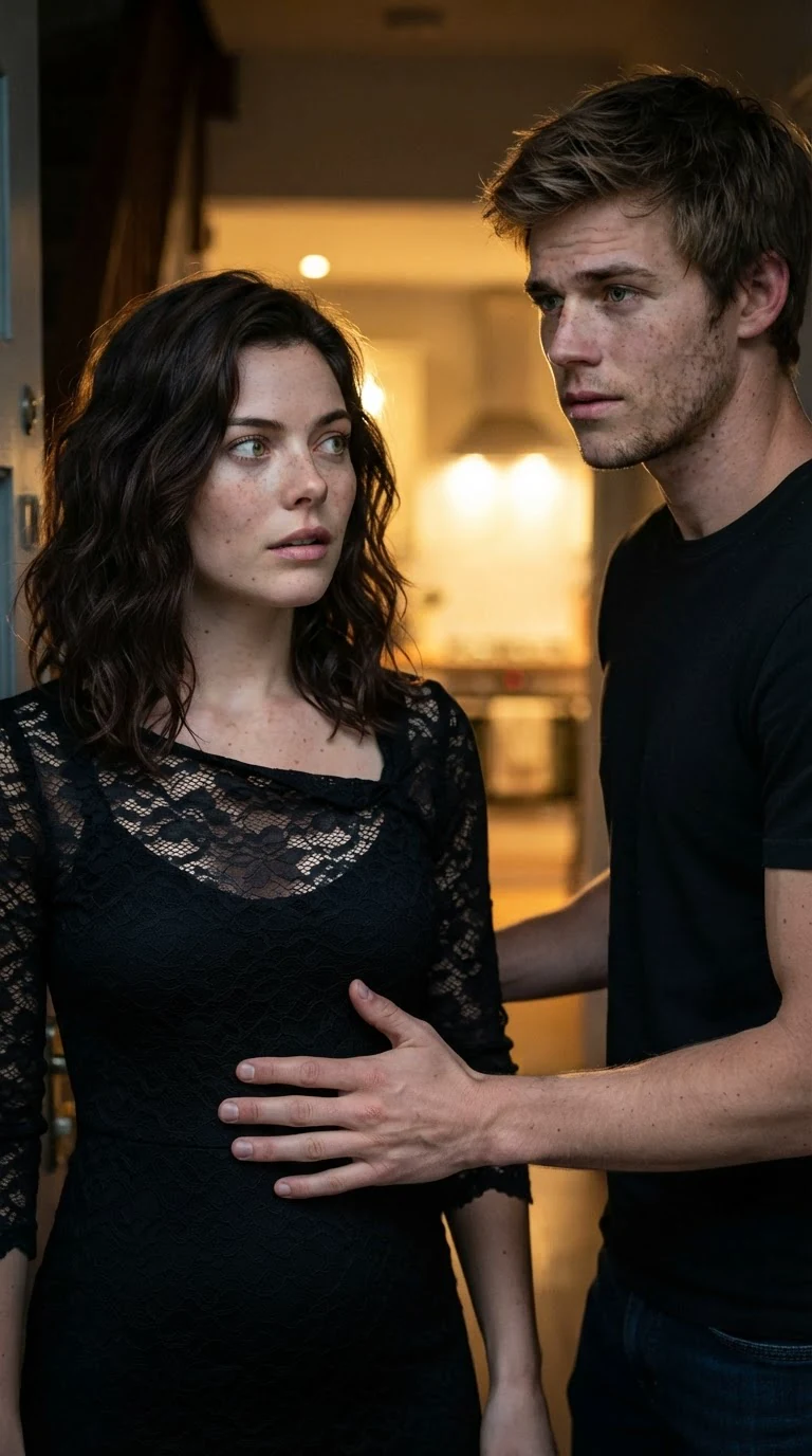 The woman's head snaps toward her front door, alarmed, the man still close.