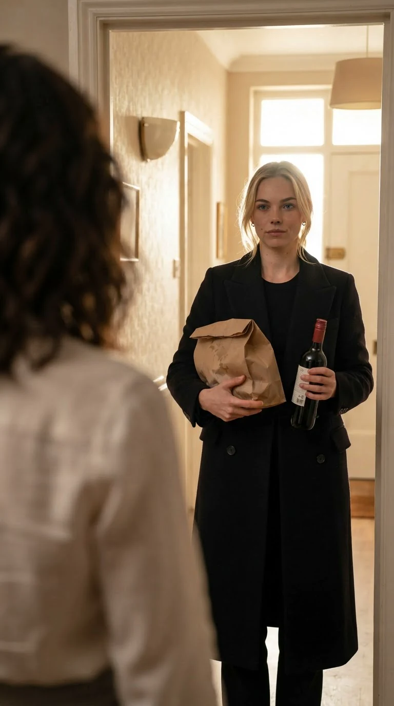 A slim blonde woman stands in the doorway with takeout and a wine bottle, expression flat.