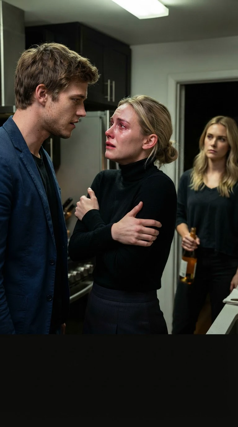The man speaks flatly to the woman while the blonde watches from the door.