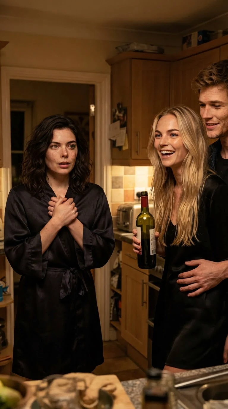 The blonde laughs with her wine while the man's arm circles her waist, the other woman staring.