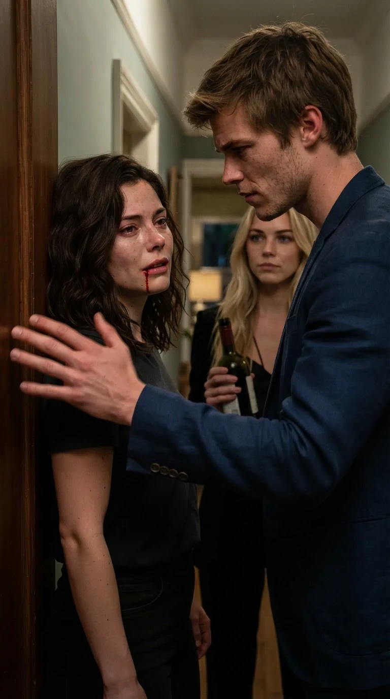 The woman is shoved against a doorframe, lip bleeding, the man standing over her.