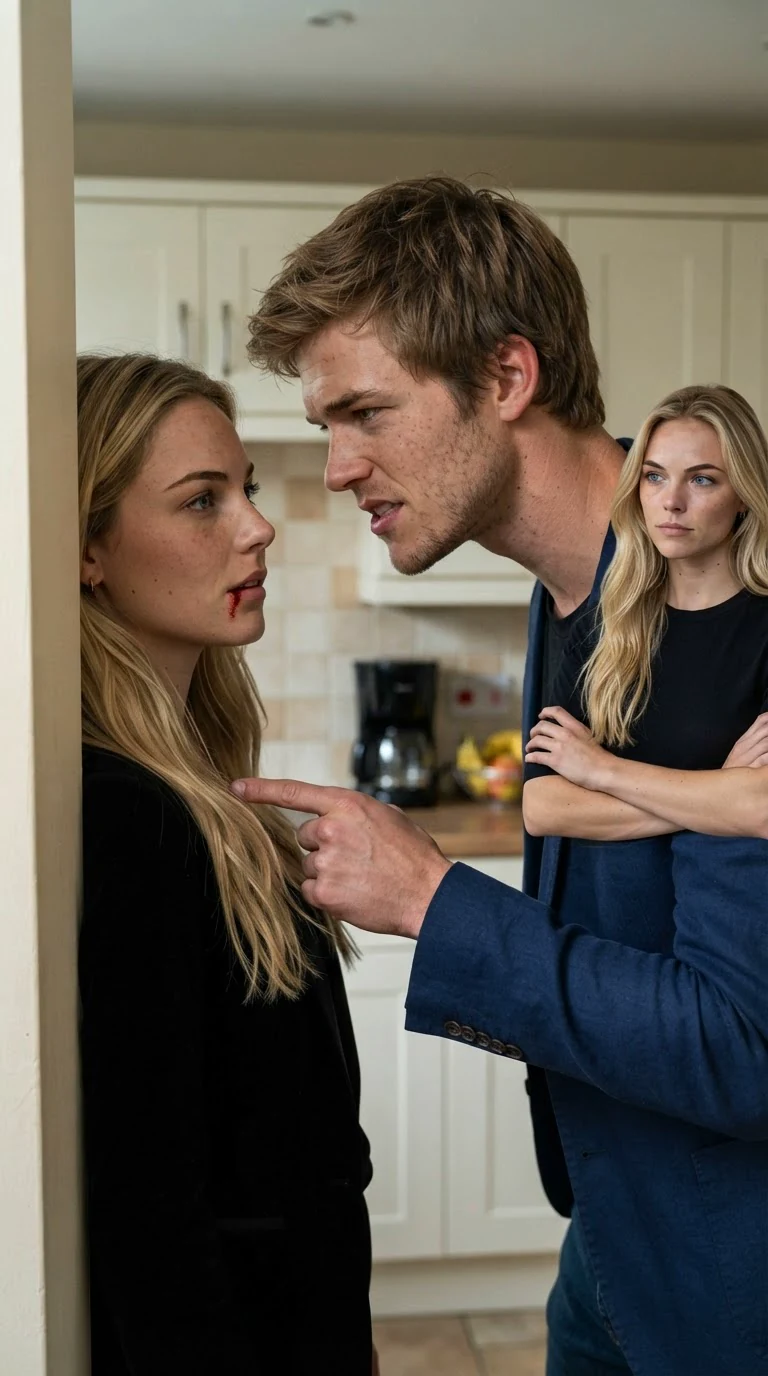 The man leans over the bleeding woman, pointing, jaw tight, threatening her.