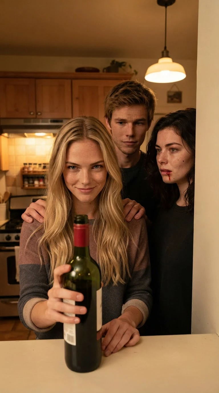 The blonde smirks over her wine while the bleeding woman stands against the wall.
