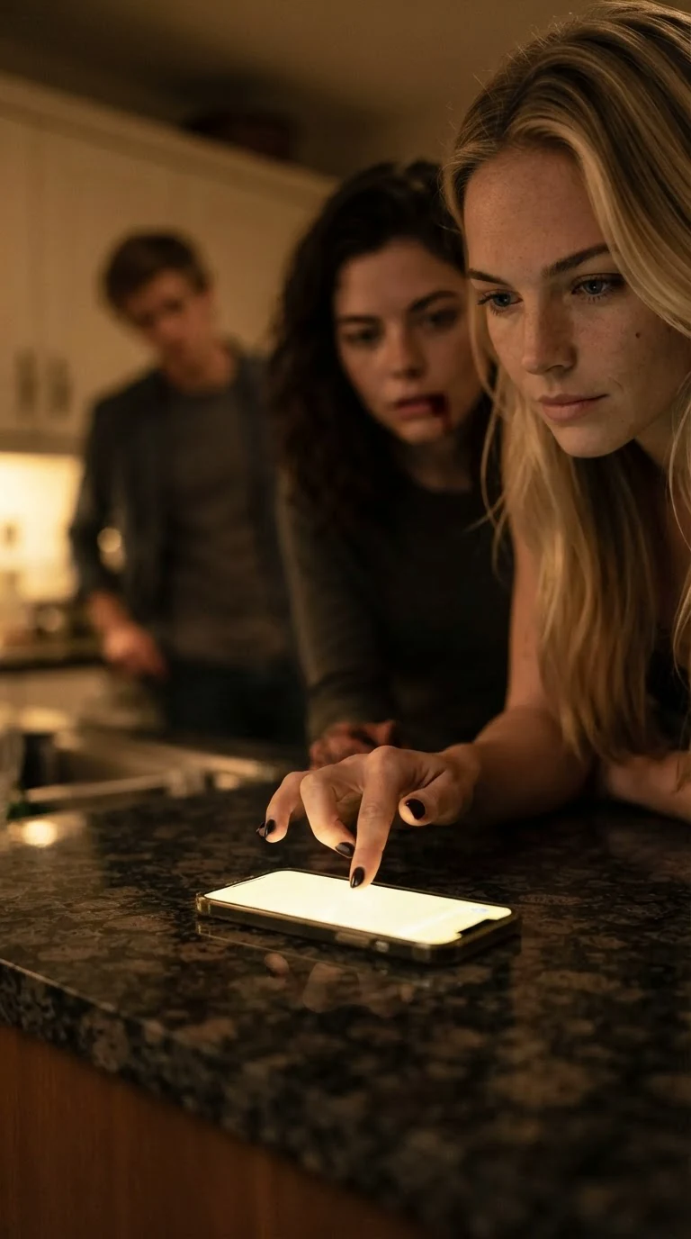 The blonde's finger turns the woman's phone over on the counter as it lights up.