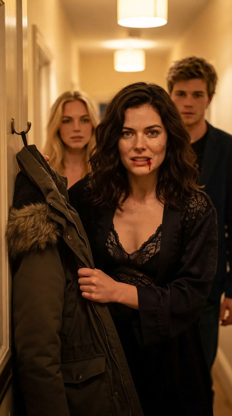 The bleeding woman grabs her coat from a hook, jaw set hard.