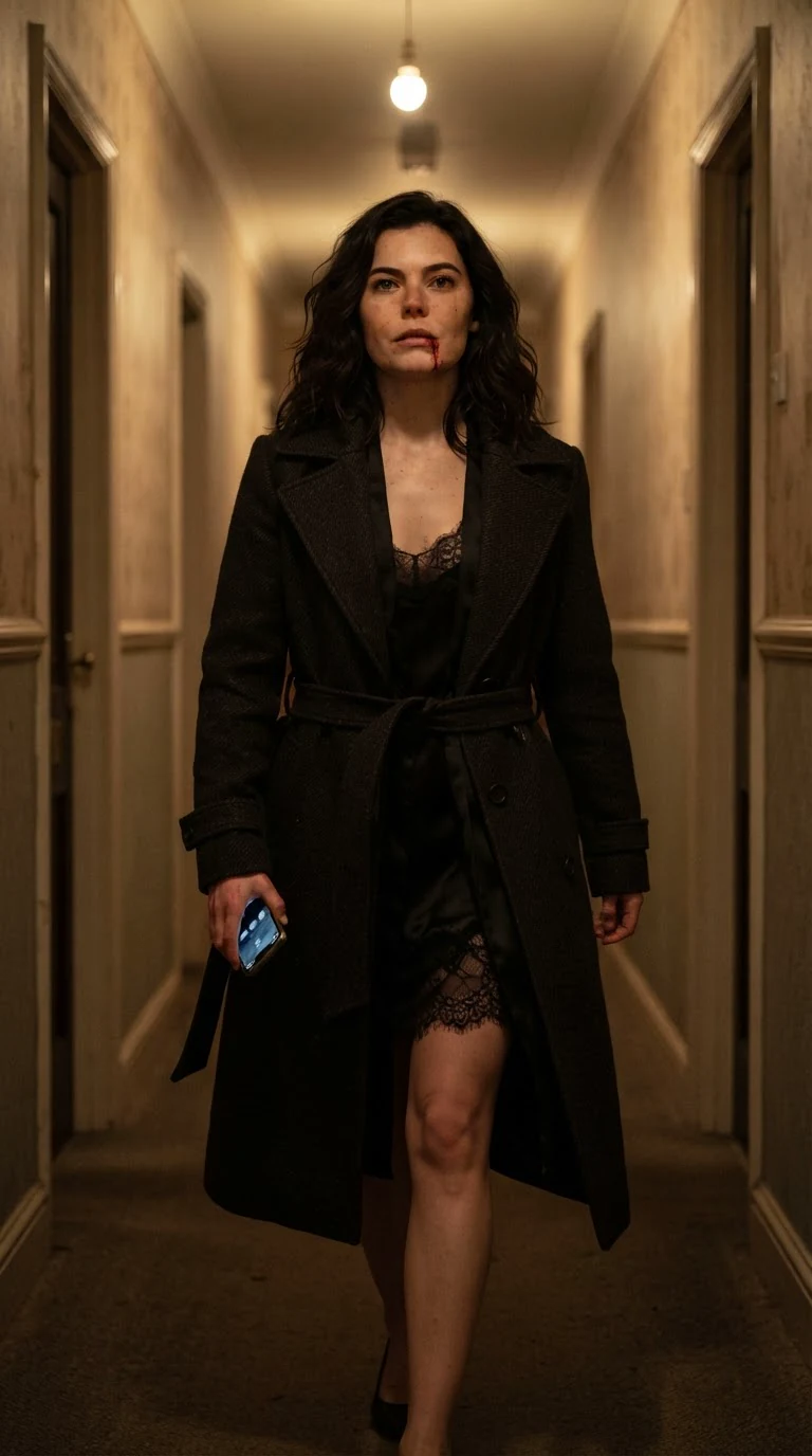 The woman walks down a dim hallway with her chin up, phone gripped in her hand.